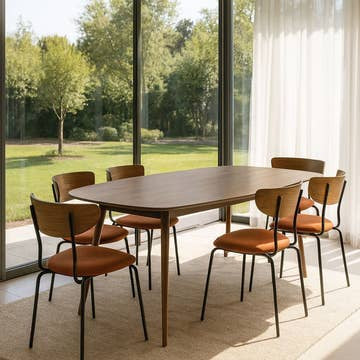Ensemble salle à manger Callao & Riva – Table noyer 200x90 cm + 6 chaises velours terracotta