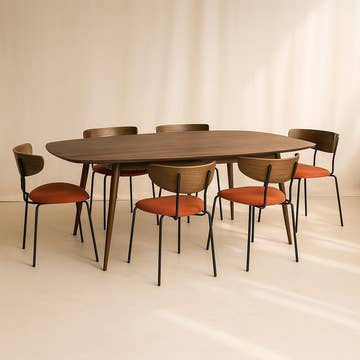Ensemble salle à manger Callao & Riva – Table noyer 200x90 cm + 6 chaises velours terracotta