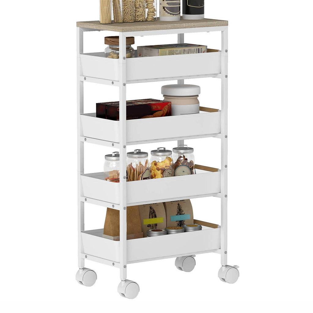 Chariot de Rangement 5 Niveaux sur Roulettes – Aspect Bois, Blanc & Chêne