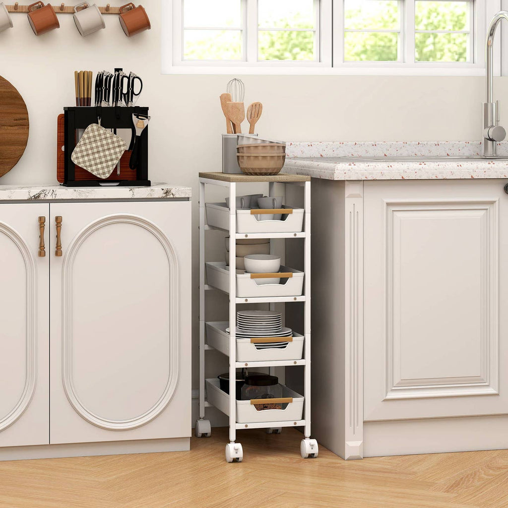 Chariot de Rangement 5 Niveaux sur Roulettes – Aspect Bois, Blanc & Chêne