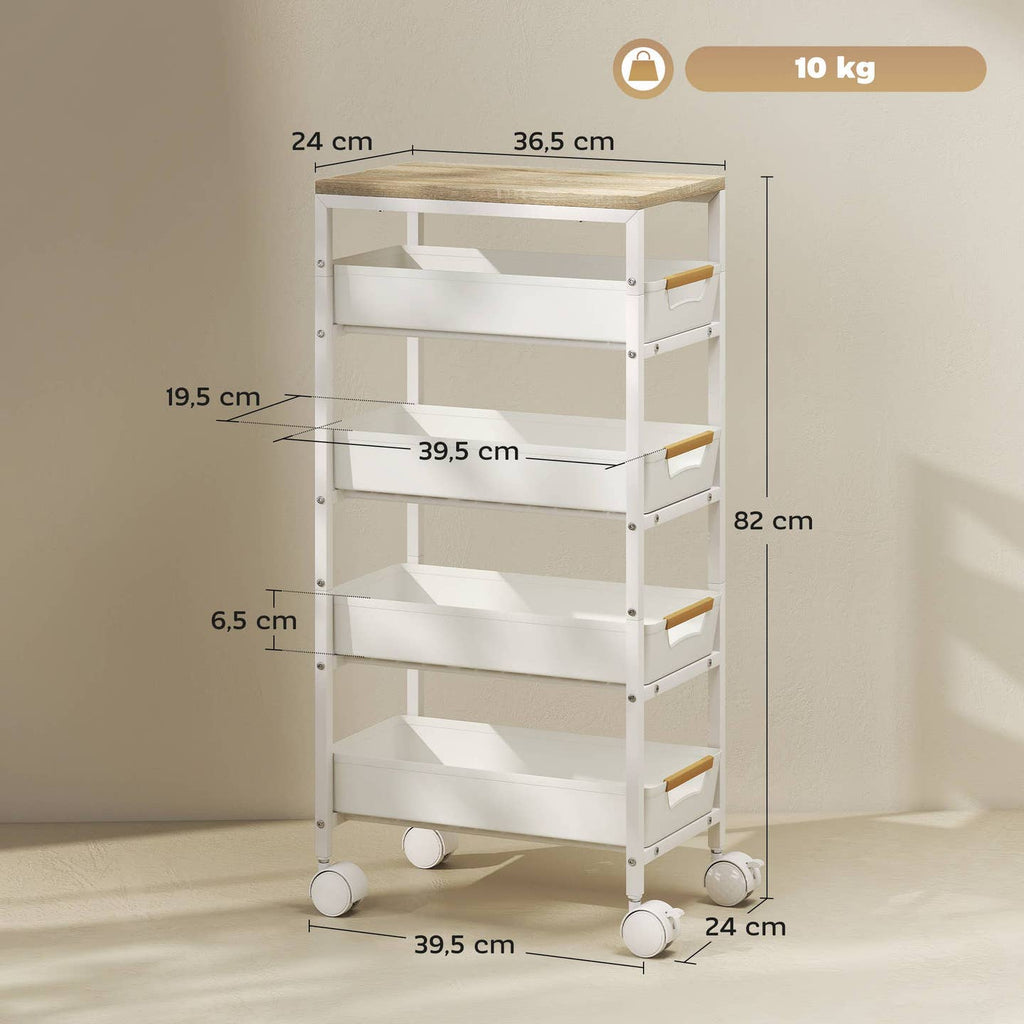 Chariot de Rangement 5 Niveaux sur Roulettes – Aspect Bois, Blanc & Chêne
