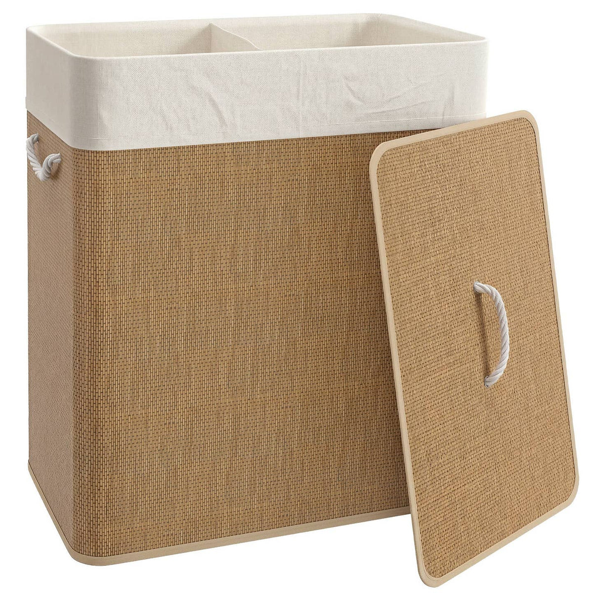 Panier à Linge Bambou 100L avec Couvercle & 2 Compartiments – Design Naturel