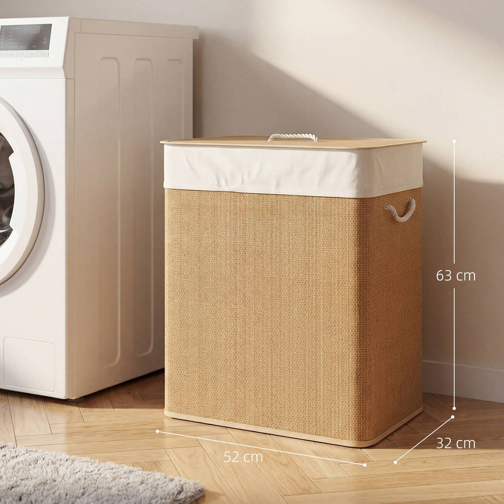 Panier à Linge Bambou 100L avec Couvercle & 2 Compartiments – Design Naturel