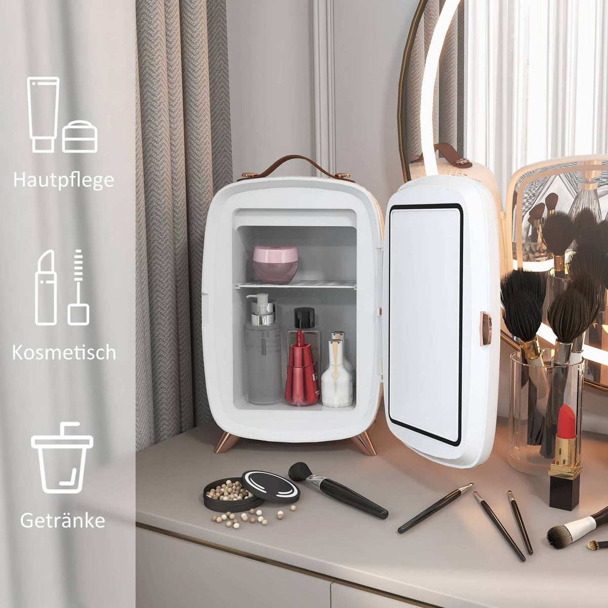 Beauty Fridge 6L avec Miroir LED & Écran Tactile – Mini Réfrigérateur Cosmétique Blanc