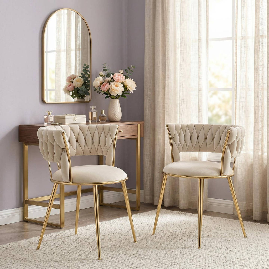 Lot de 2 chaises de salle à manger en velours ivoire, dossier ergonomique, pieds dorés BRIARGLADE