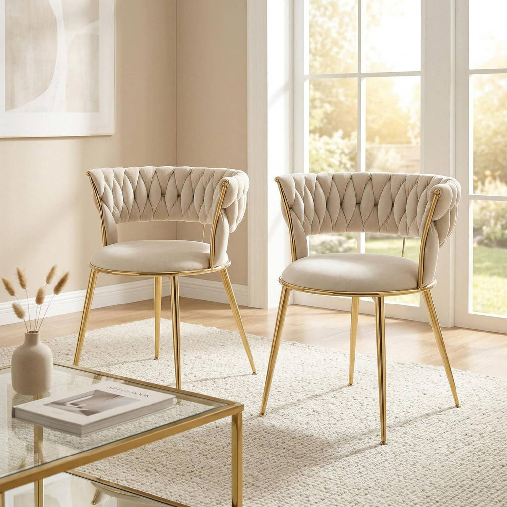 Lot de 2 chaises de salle à manger en velours ivoire, dossier ergonomique, pieds dorés BRIARGLADE