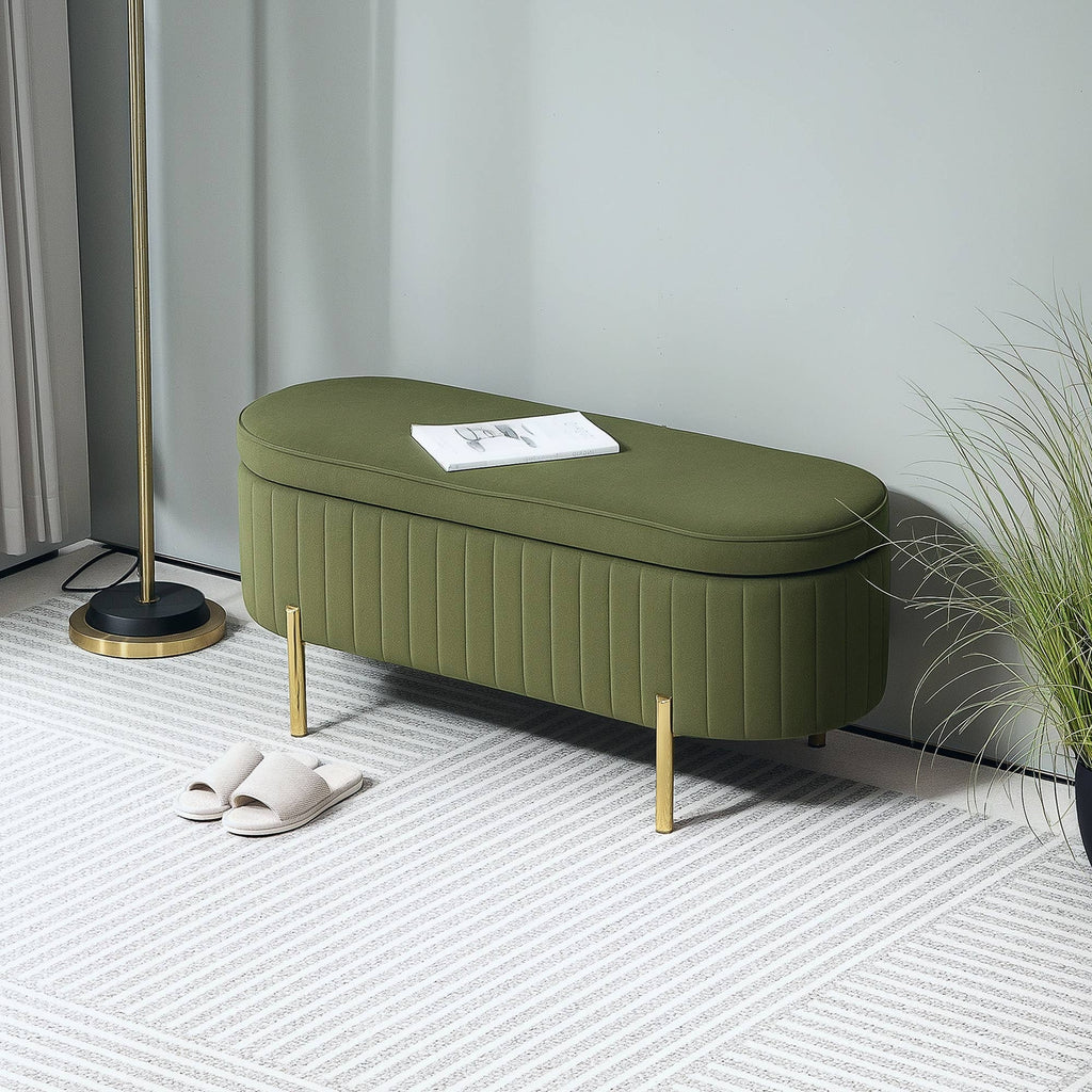 Banc avec couvercle rabattable et espace de rangement, vert foncé + doré
