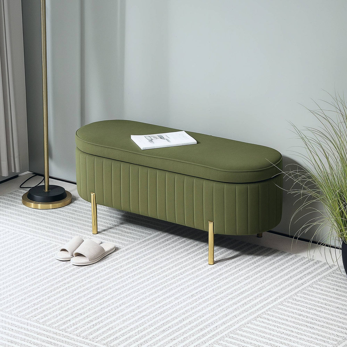 Banc avec couvercle rabattable et espace de rangement, vert foncé + doré