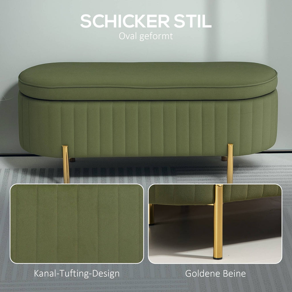 Banc avec couvercle rabattable et espace de rangement, vert foncé + doré
