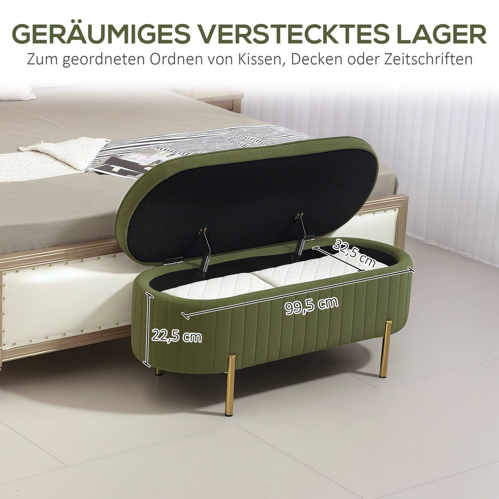 Banc avec couvercle rabattable et espace de rangement, vert foncé + doré