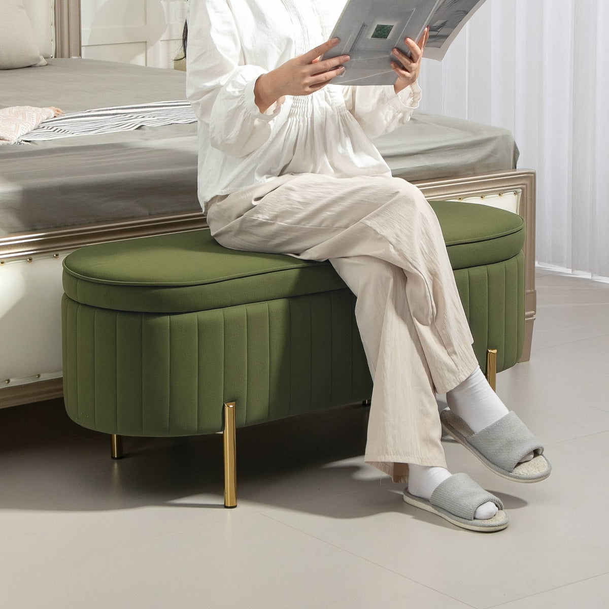 Banc avec couvercle rabattable et espace de rangement, vert foncé + doré