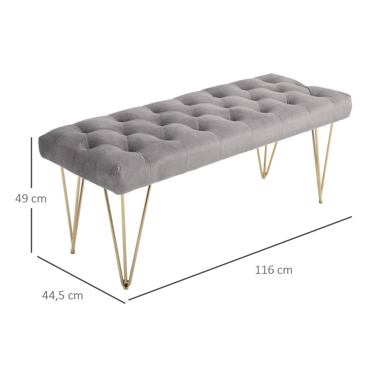Banc d'assise velours gris – Cadre métal | 116 cm | Maison4SDesign