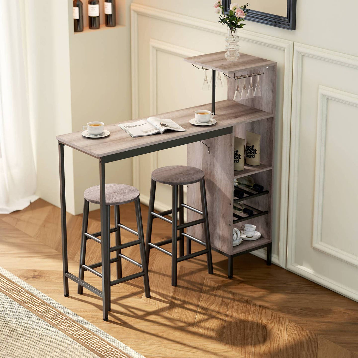 Ensemble de Bar 3 Pièces – Table Haute & Tabourets, Style Industriel, Gris