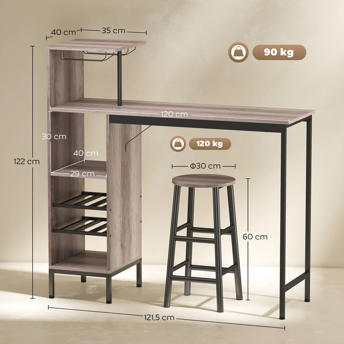 Ensemble de Bar 3 Pièces – Table Haute & Tabourets, Style Industriel, Gris