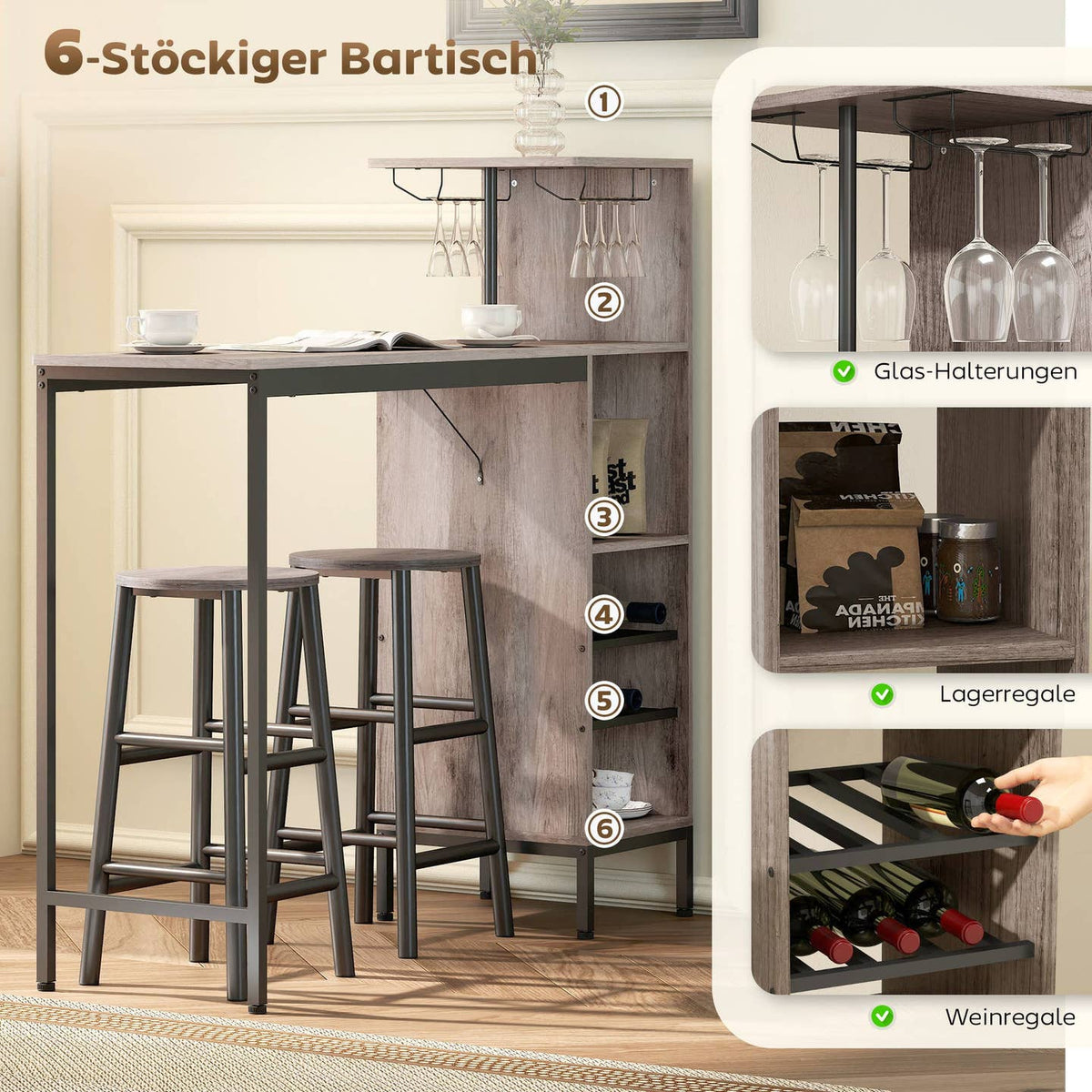 Ensemble de Bar 3 Pièces – Table Haute & Tabourets, Style Industriel, Gris