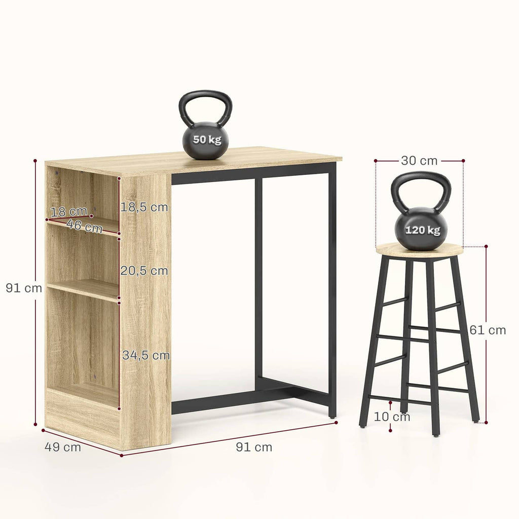 Ensemble de Bar 3 Pièces – Table Comptoir & Tabourets, Style Industriel, Chêne & Noir