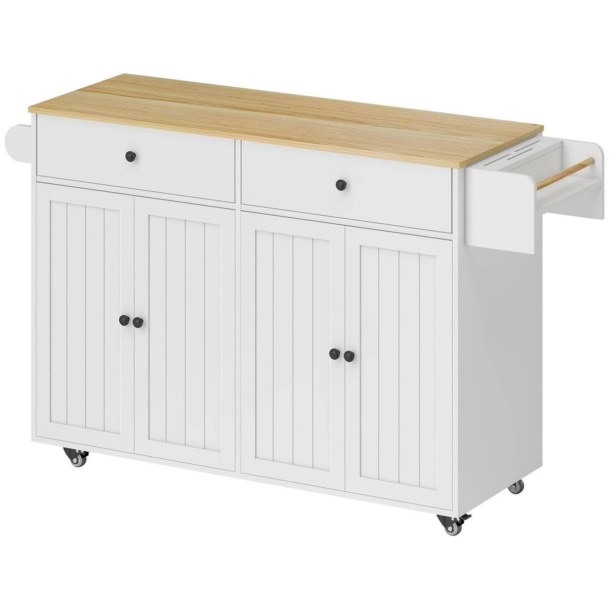 Îlot de Cuisine sur Roulettes – 2 Tiroirs, 2 Placards, Blanc & Bois Naturel