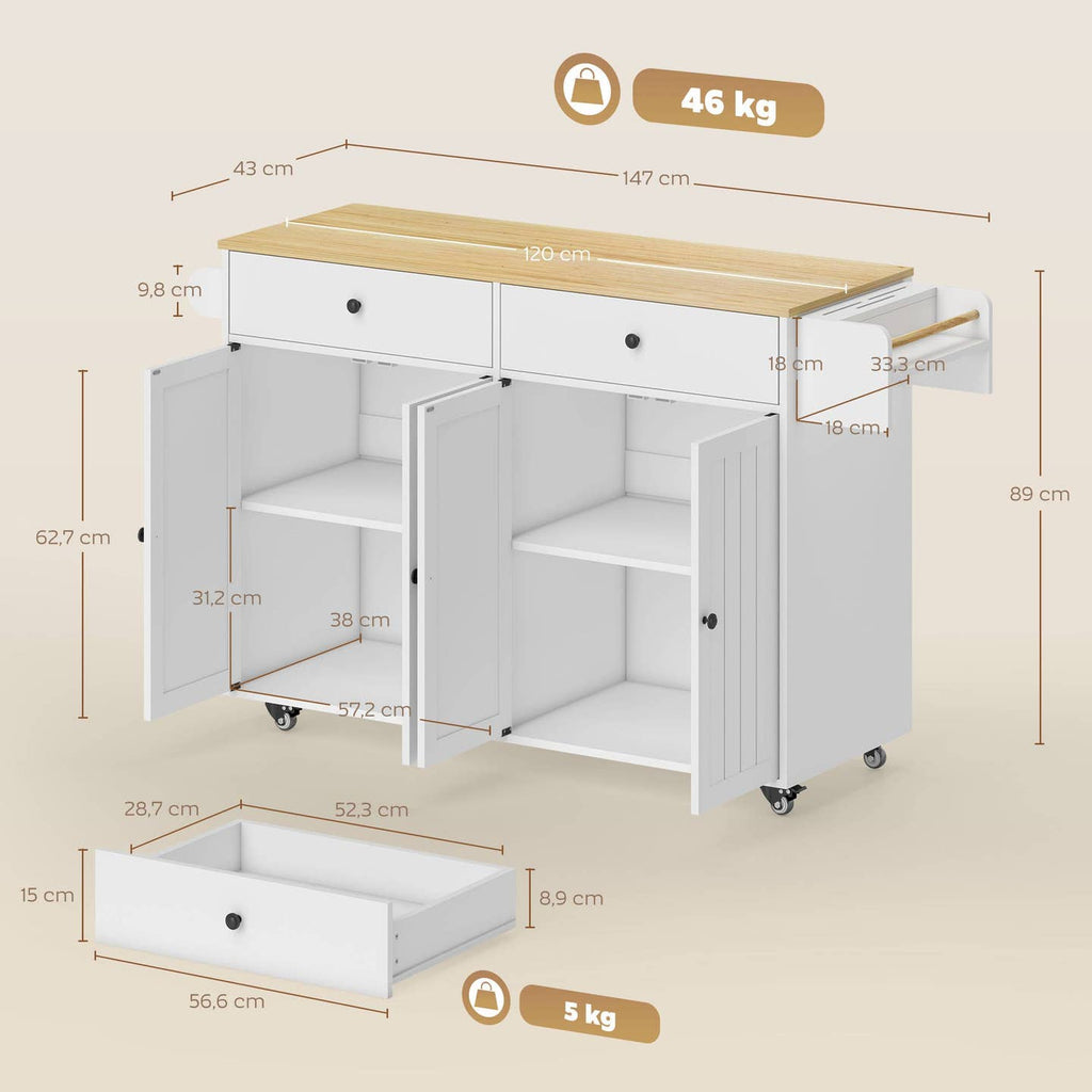 Îlot de Cuisine sur Roulettes – 2 Tiroirs, 2 Placards, Blanc & Bois Naturel