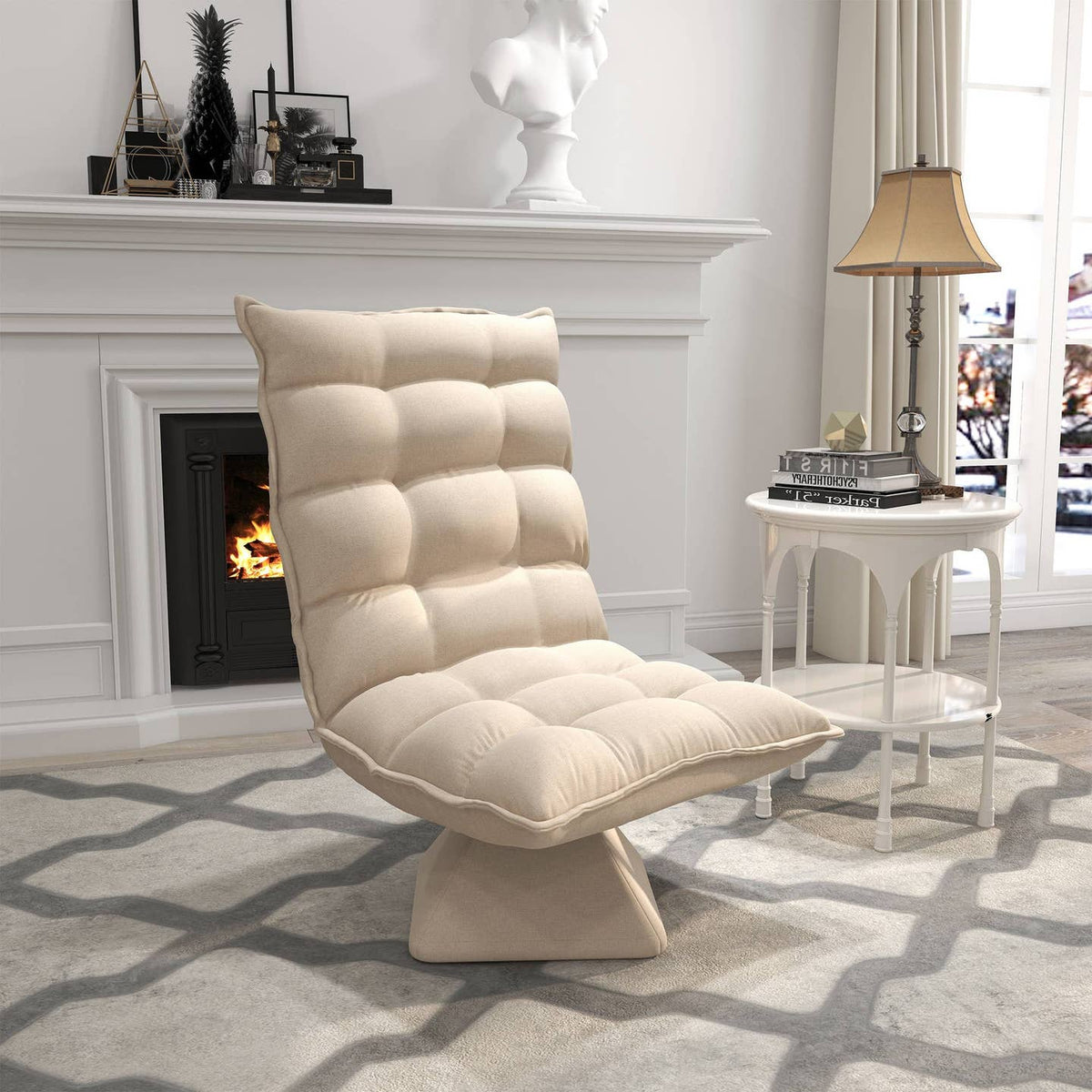 Fauteuil de Sol Pivotant 360° – Aspect Lin Beige, Dossier Réglable