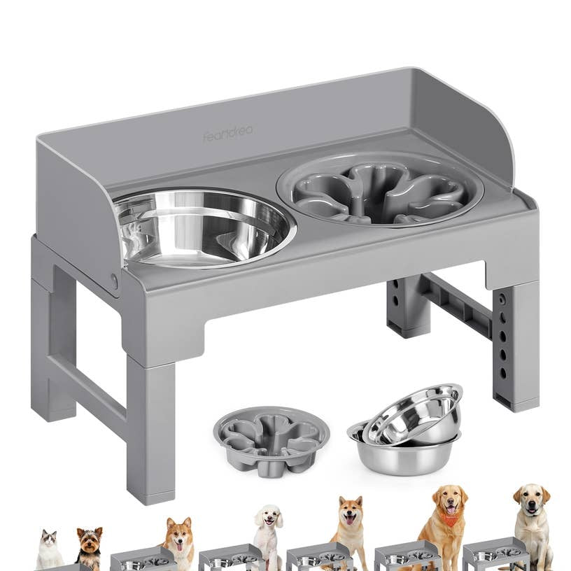 Gamelle Surélevée pour Chien – Support Réglable, 3 Bols (1 Anti-glouton + 2 Inox), Gris