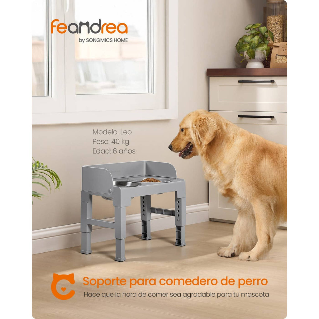 Gamelle Surélevée pour Chien – Support Réglable, 3 Bols (1 Anti-glouton + 2 Inox), Gris