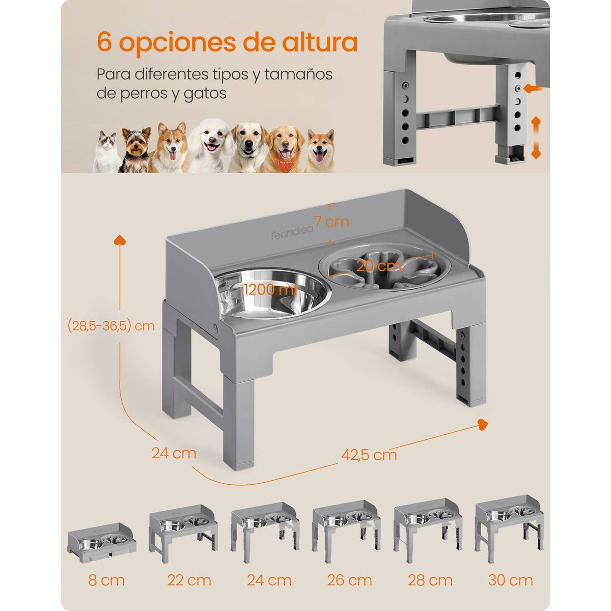Gamelle Surélevée pour Chien – Support Réglable, 3 Bols (1 Anti-glouton + 2 Inox), Gris