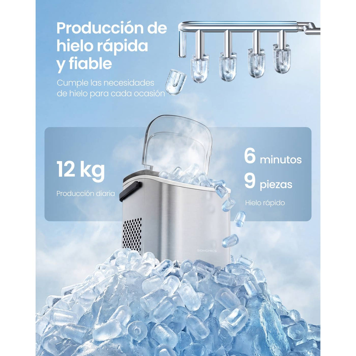 Machine à Glaçons Portable – 9 Glaçons en 6 min, Autonettoyante, Gris