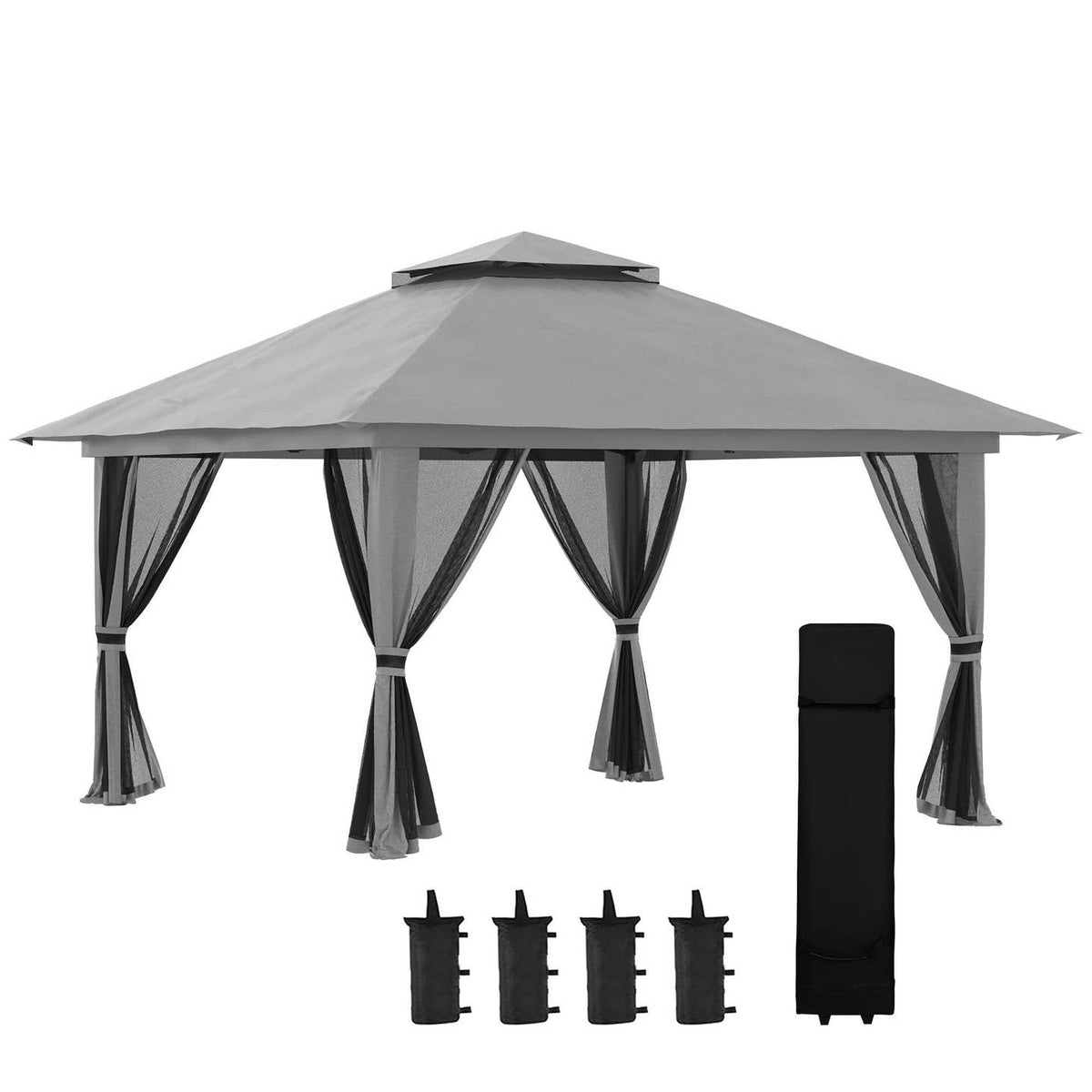 Pavillon Pliant Réglable 392×392 cm – Toit Ventilé, 4 Parois Filet & Lestes Inclus