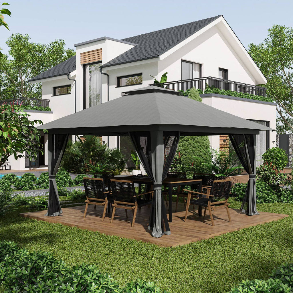 Pavillon Pliant Réglable 392×392 cm – Toit Ventilé, 4 Parois Filet & Lestes Inclus
