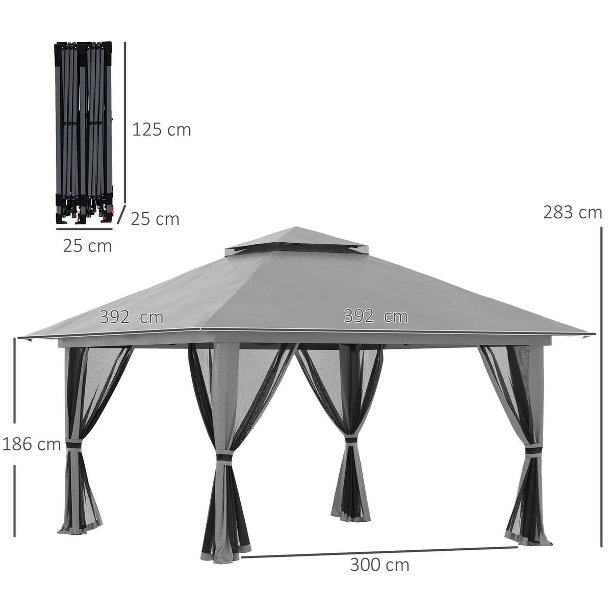 Pavillon Pliant Réglable 392×392 cm – Toit Ventilé, 4 Parois Filet & Lestes Inclus