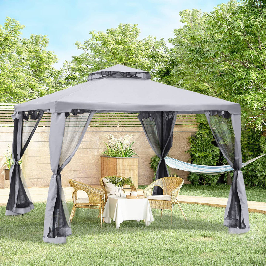 Pavillon de Jardin à Double Toit Gris Clair 294×294 cm – Moustiquaire & Anti-UV