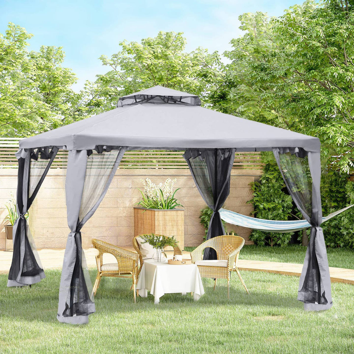 Pavillon de Jardin à Double Toit Gris Clair 294×294 cm – Moustiquaire & Anti-UV