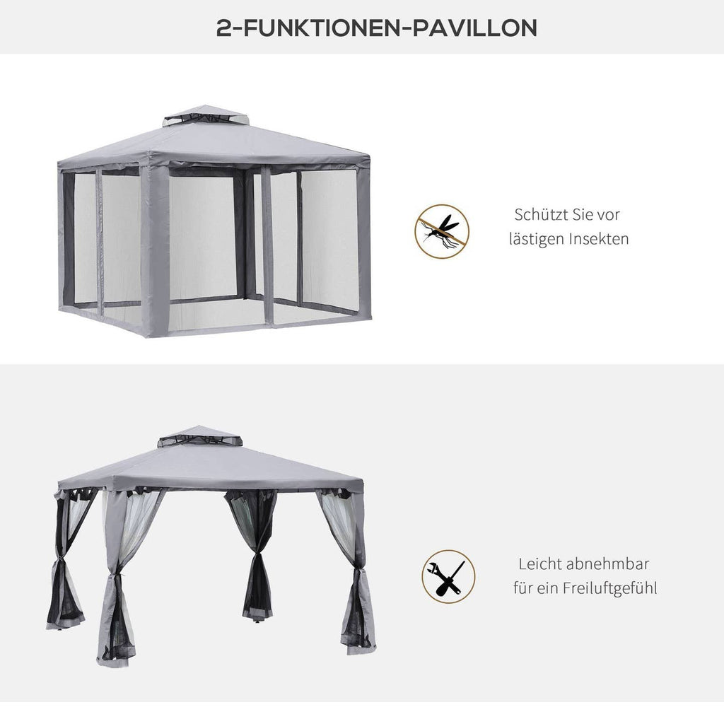 Pavillon de Jardin à Double Toit Gris Clair 294×294 cm – Moustiquaire & Anti-UV