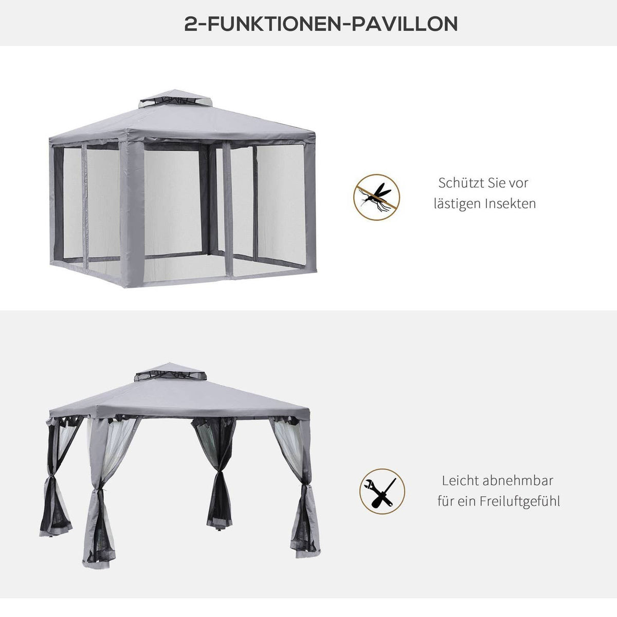 Pavillon de Jardin à Double Toit Gris Clair 294×294 cm – Moustiquaire & Anti-UV