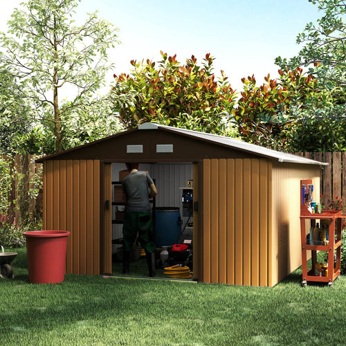 Abri de Jardin Acier Galvanisé Marron 20 m³ – 340×386 cm avec Fondation
