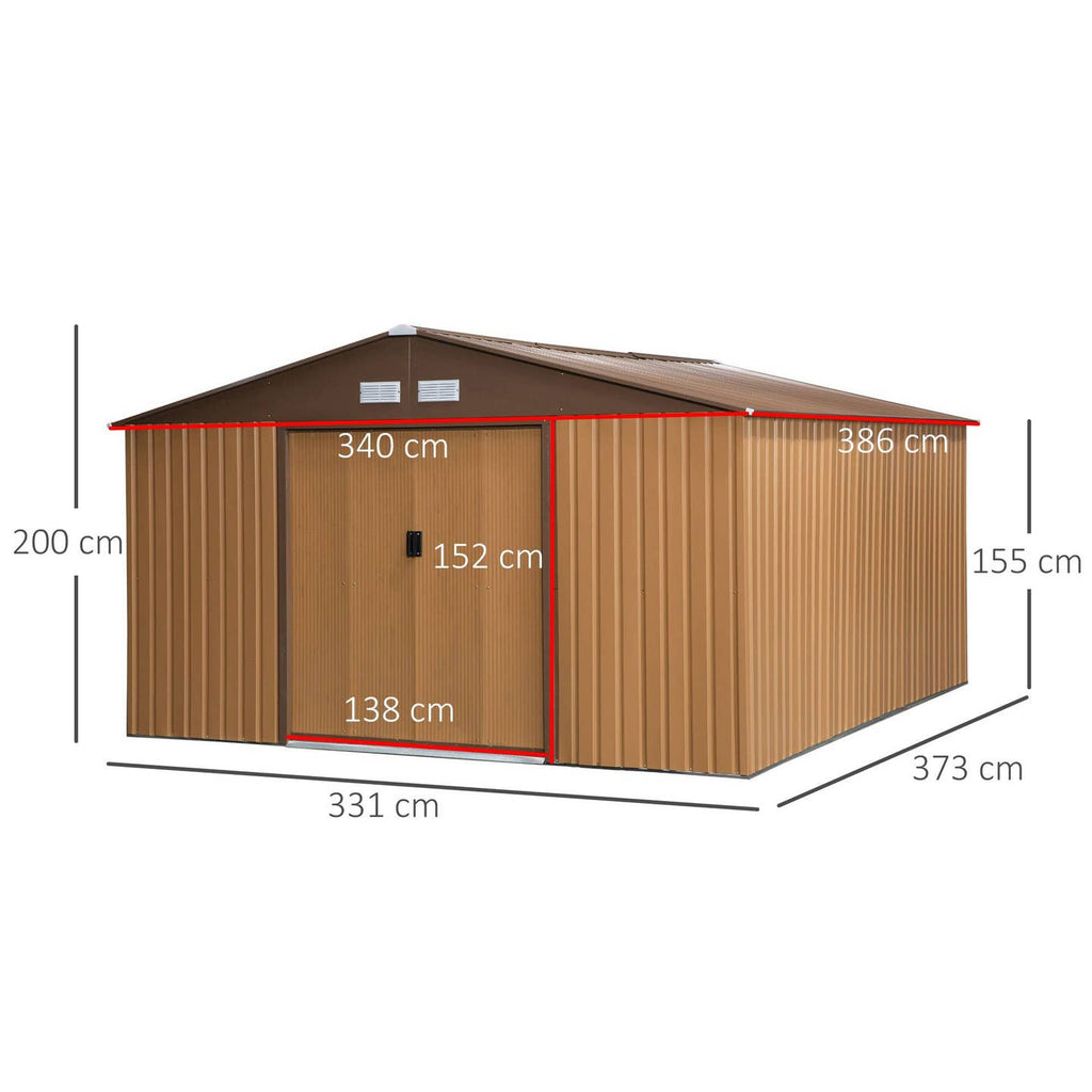 Abri de Jardin Acier Galvanisé Marron 20 m³ – 340×386 cm avec Fondation
