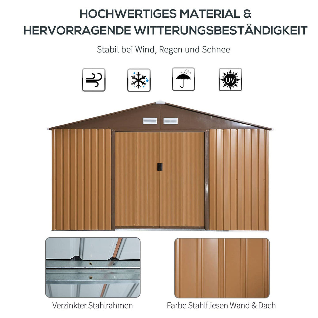 Abri de Jardin Acier Galvanisé Marron 20 m³ – 340×386 cm avec Fondation