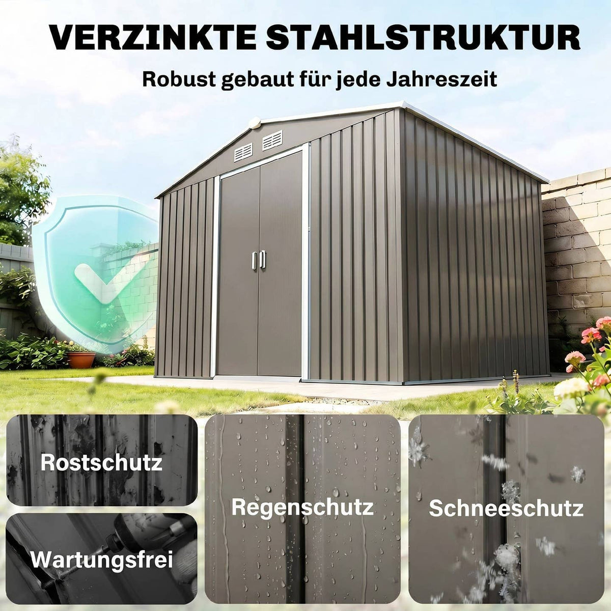 Abri de Jardin Acier Galvanisé Gris – 277×195×192 cm Portes Coulissantes