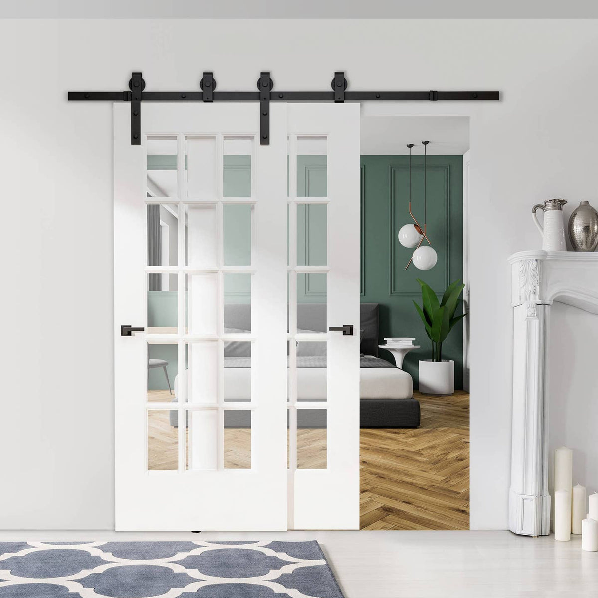 Kit Ferrure Porte Coulissante Double Industrielle 200 cm – Acier Noir