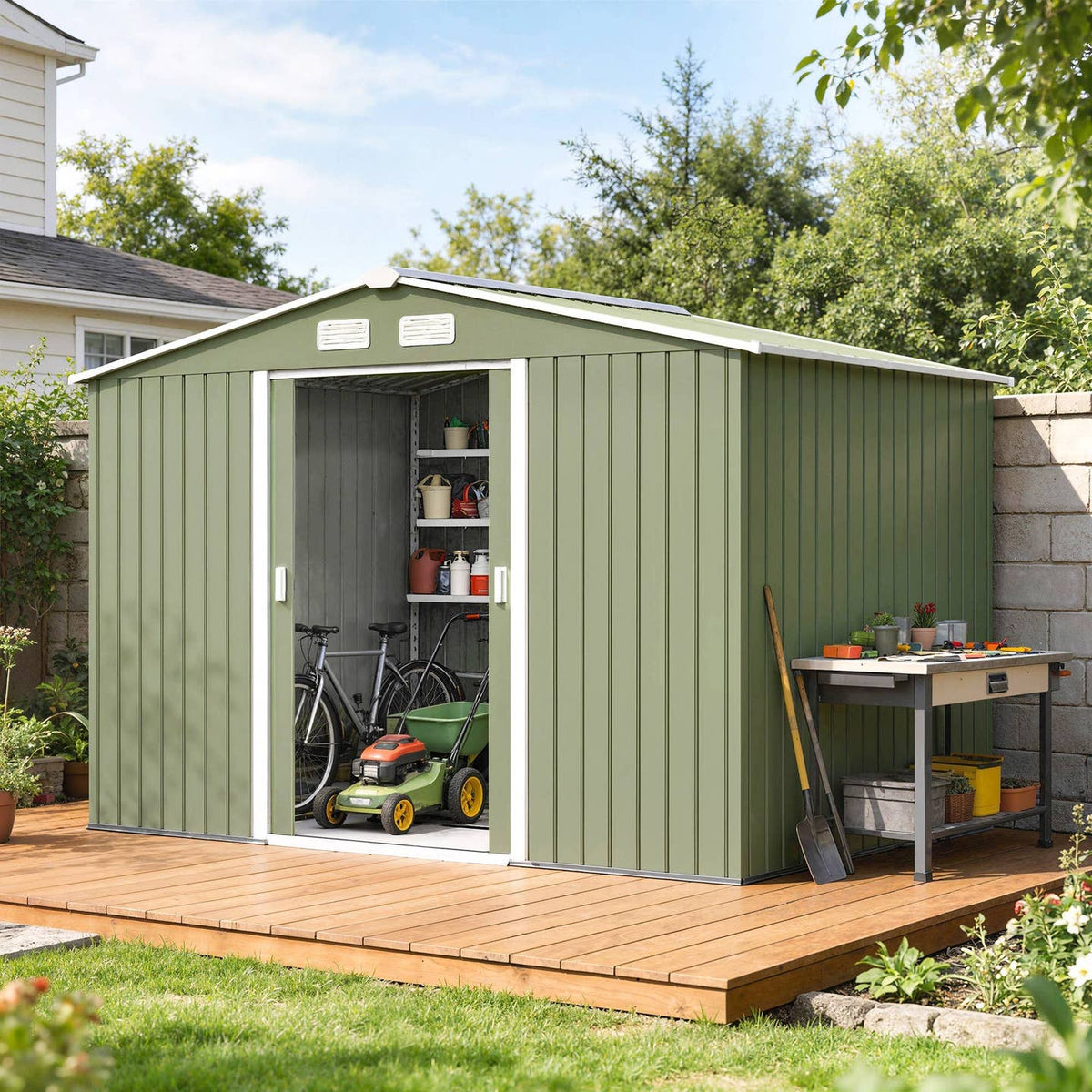 Abri de Jardin Acier Galvanisé Vert Clair – 277×195×192 cm Portes Coulissantes