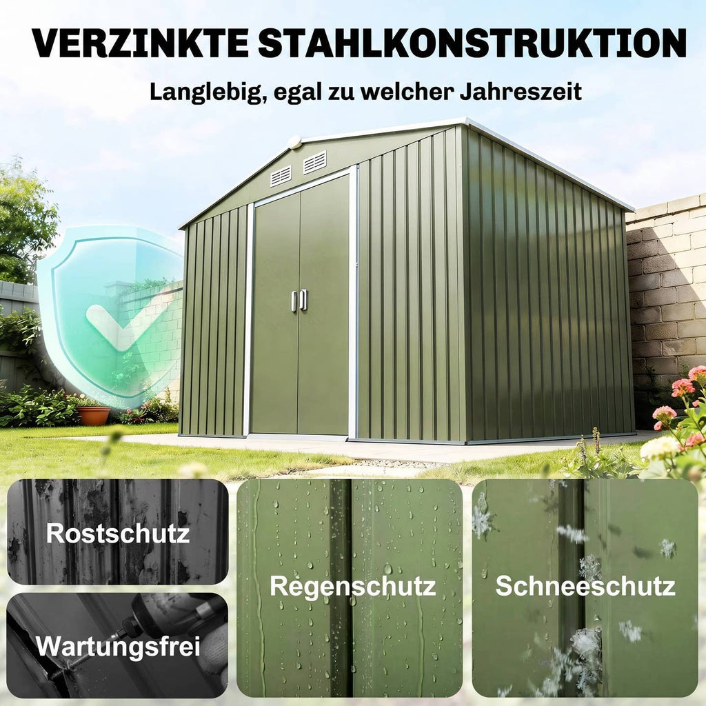 Abri de Jardin Acier Galvanisé Vert Clair – 277×195×192 cm Portes Coulissantes