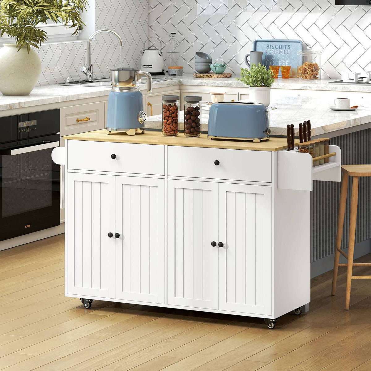 Îlot de Cuisine sur Roulettes – 2 Tiroirs, 2 Placards, Blanc & Bois Naturel
